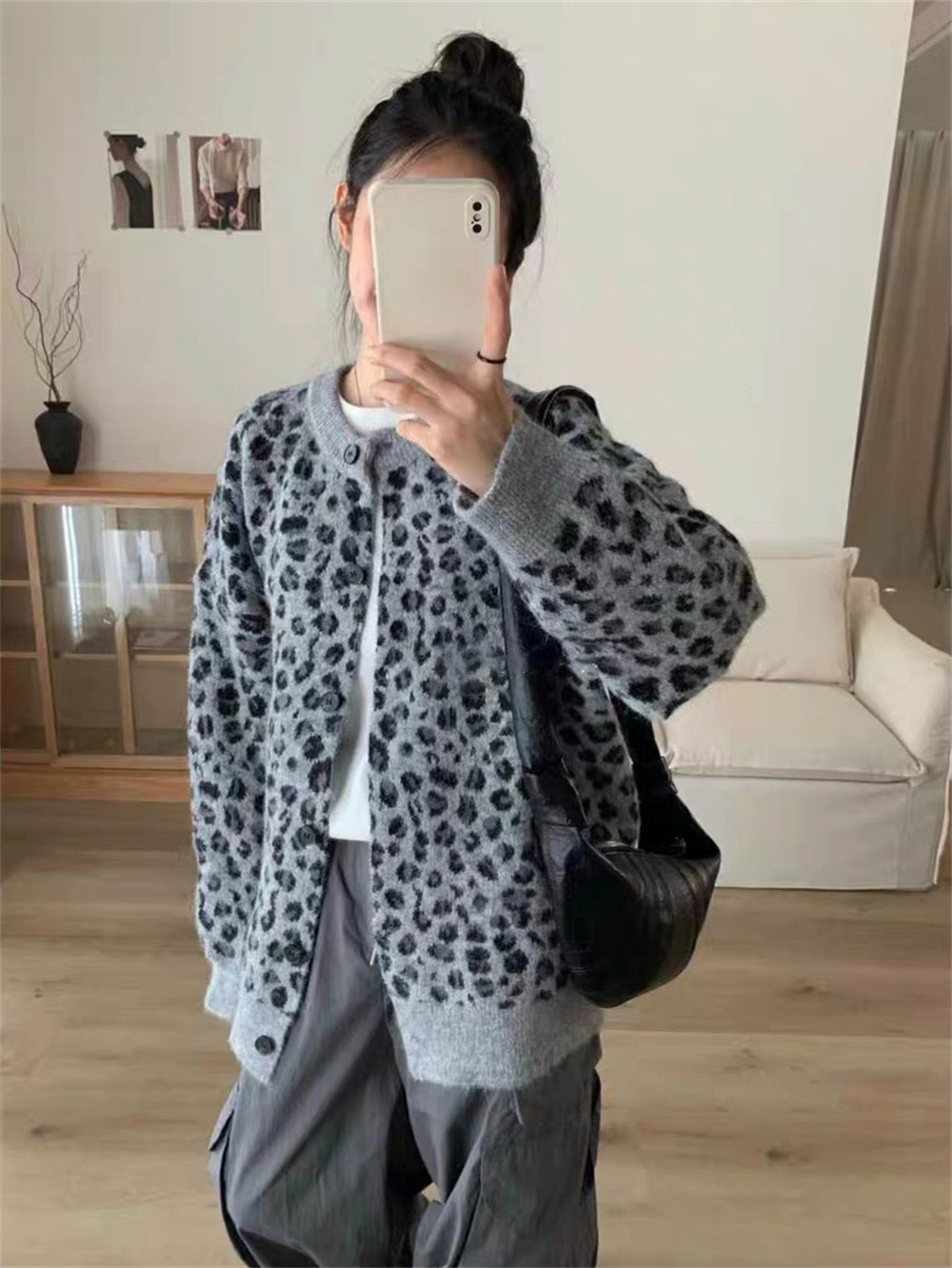 復古豹紋排釦針織外套
