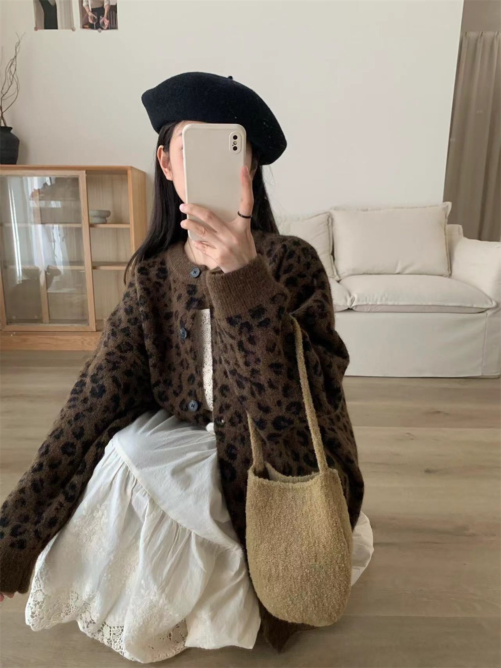 復古豹紋排釦針織外套