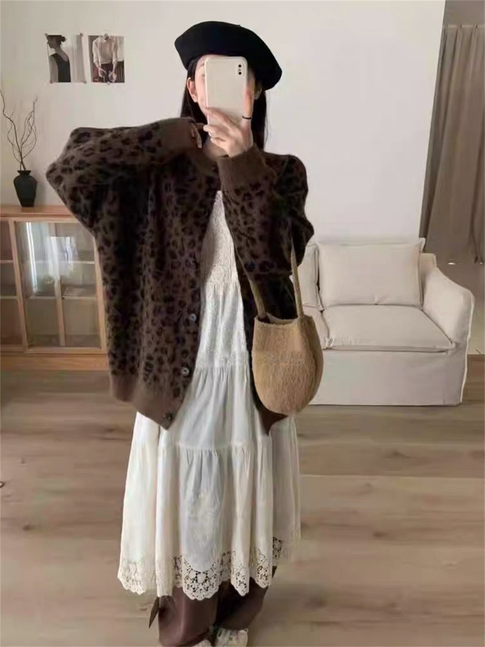 復古豹紋排釦針織外套