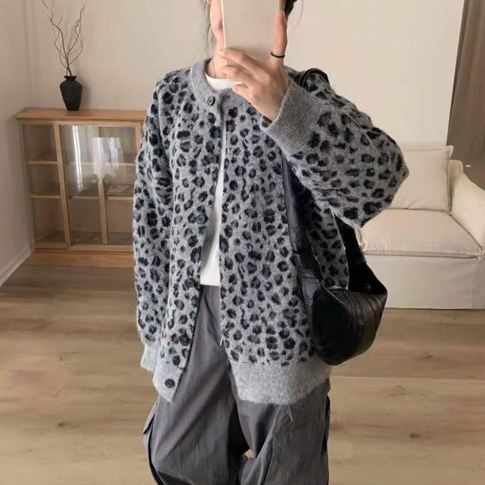 復古豹紋排釦針織外套