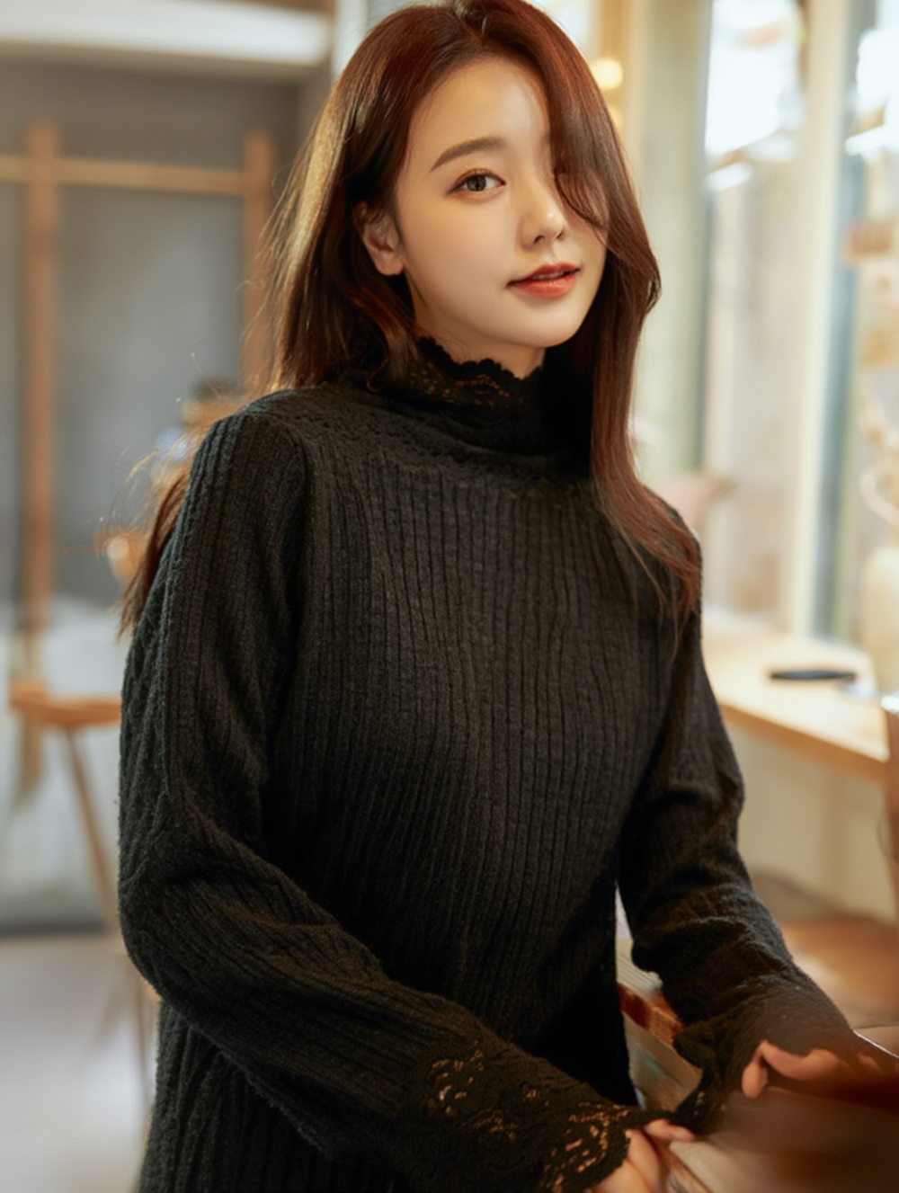 高領蕾絲透膚內搭上衣