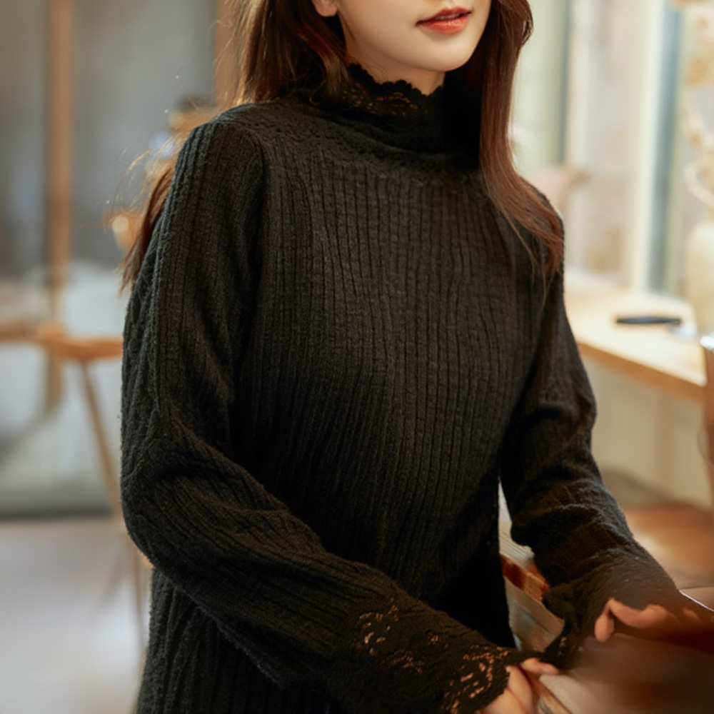 高領蕾絲透膚內搭上衣