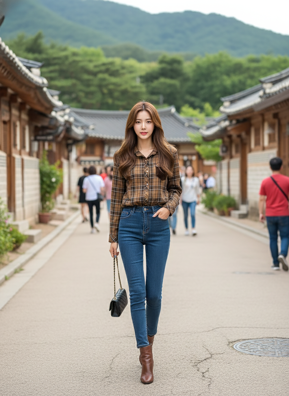 焦糖格紋絨布口袋襯衫