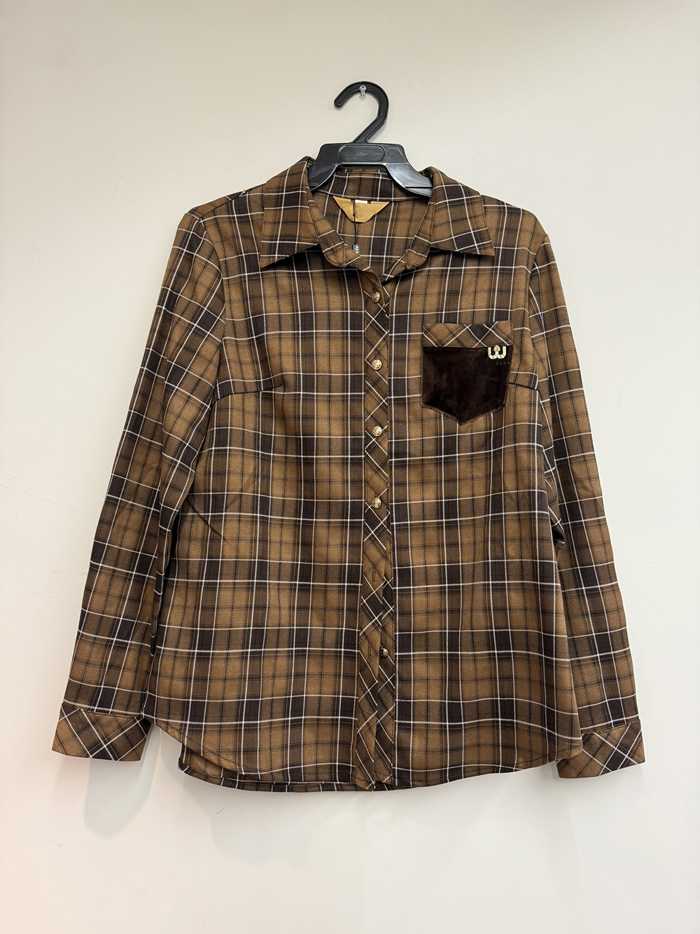 焦糖格紋絨布口袋襯衫