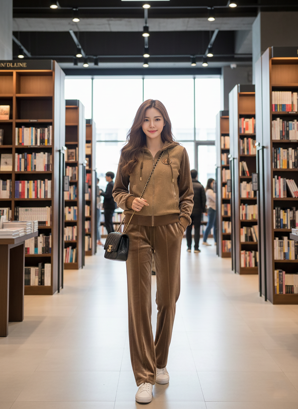 字母刺繡休閒絲絨長褲