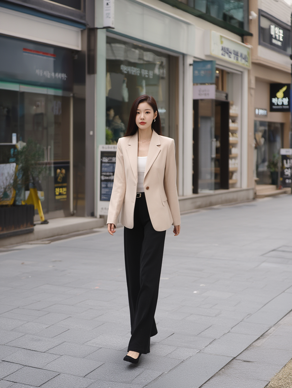 珍珠釦環織紋彈力長褲