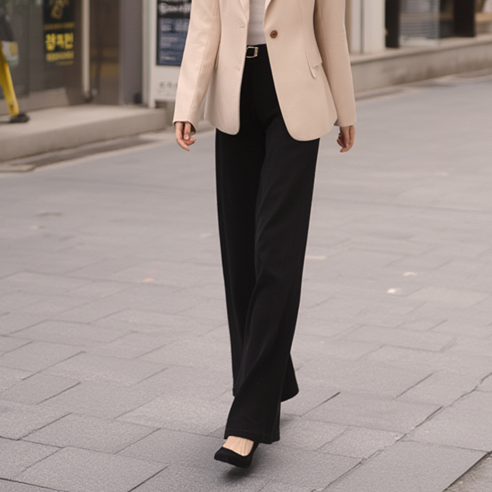 珍珠釦環織紋彈力長褲