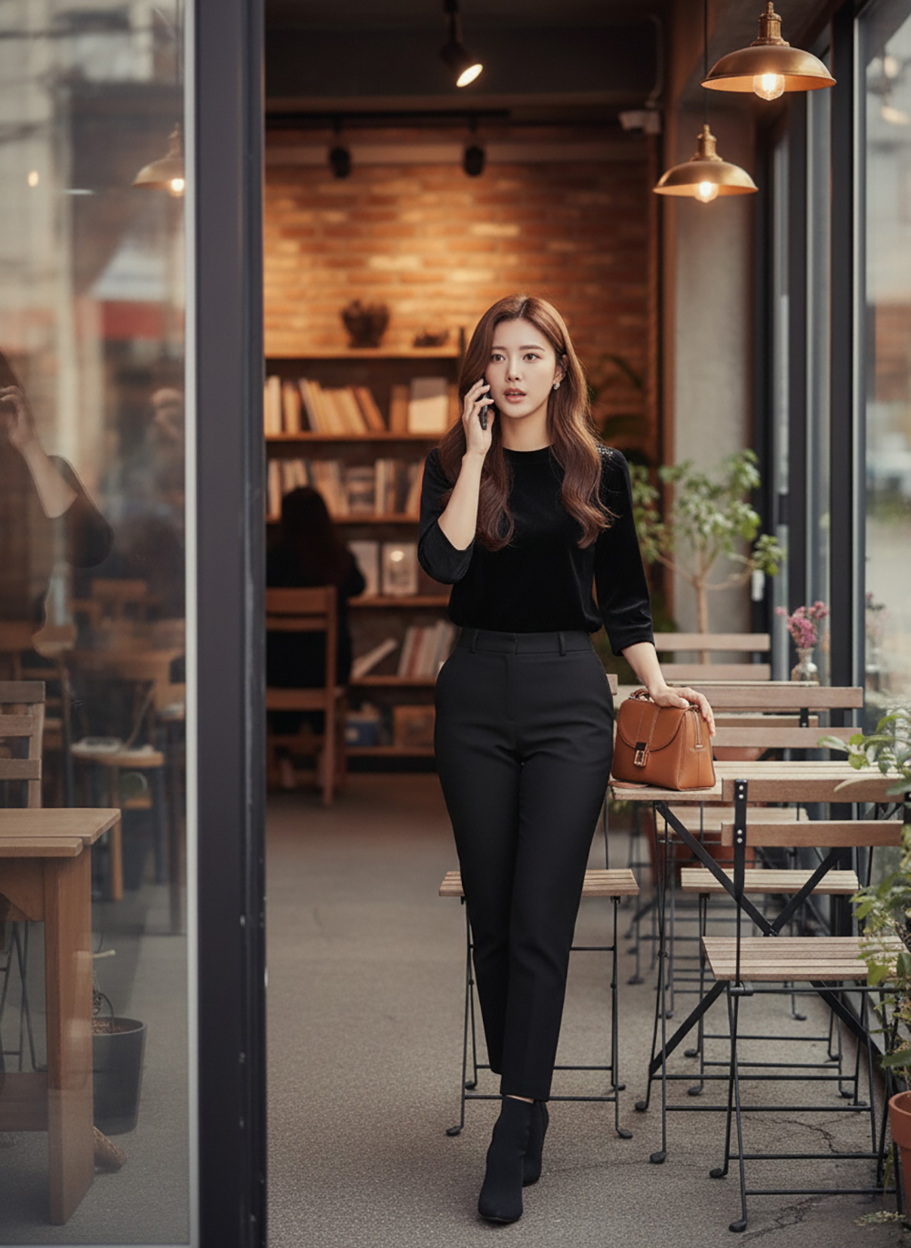 黑絲絨鉚釘五分袖上衣