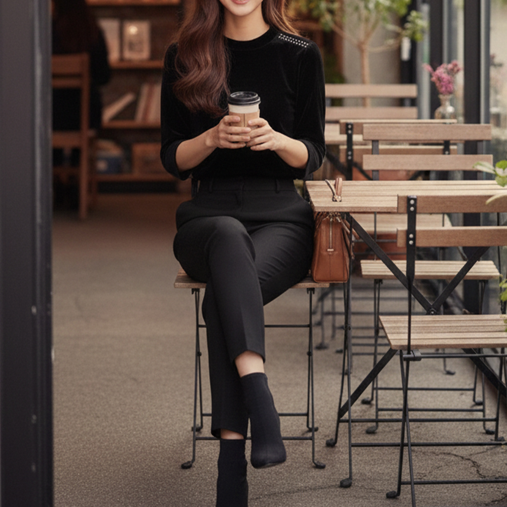 黑絲絨鉚釘五分袖上衣