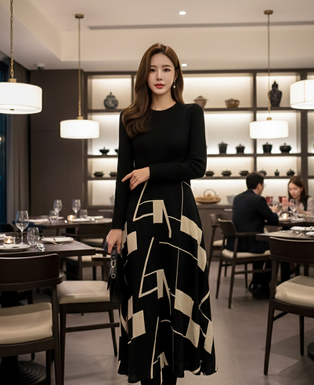 幾何圖形印花拼接洋裝