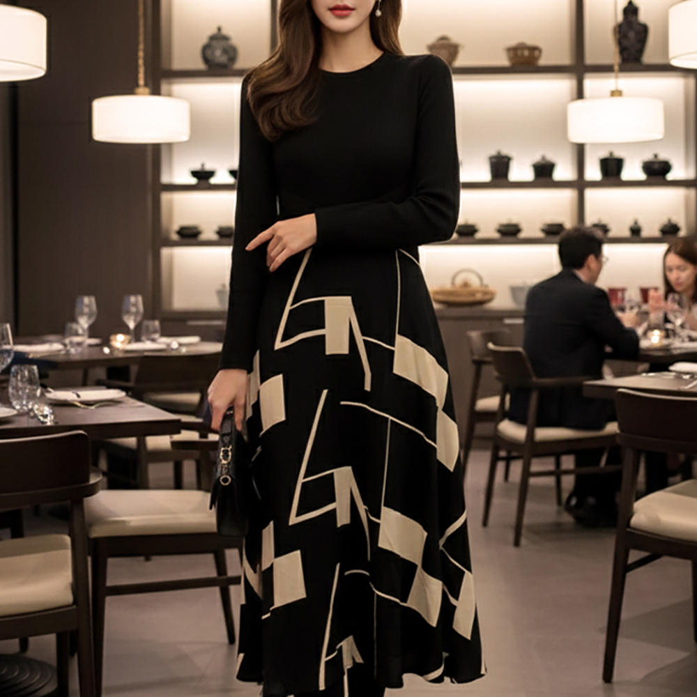 幾何圖形印花拼接洋裝