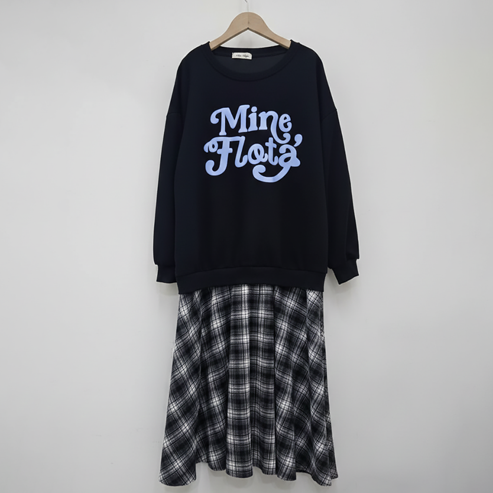 假兩件格紋拼接長洋裝