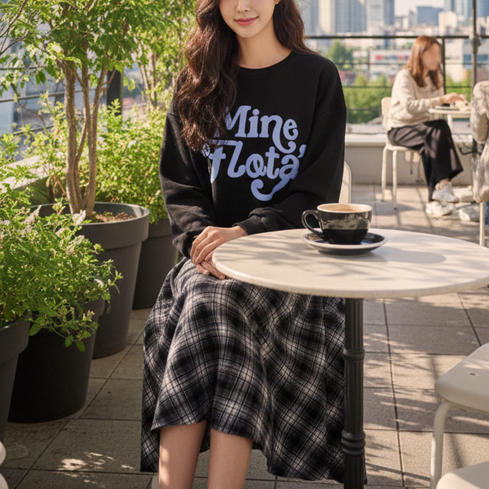 假兩件格紋拼接長洋裝