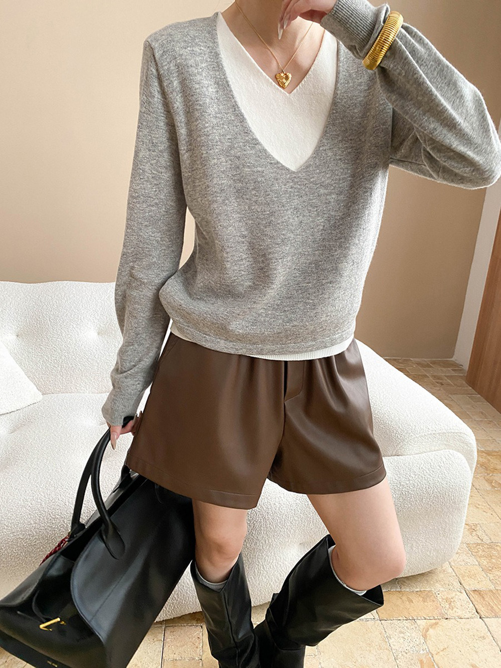 撞色假兩件針織上衣