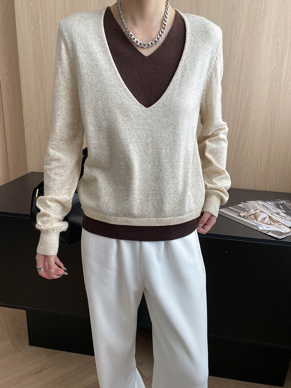 撞色假兩件針織上衣