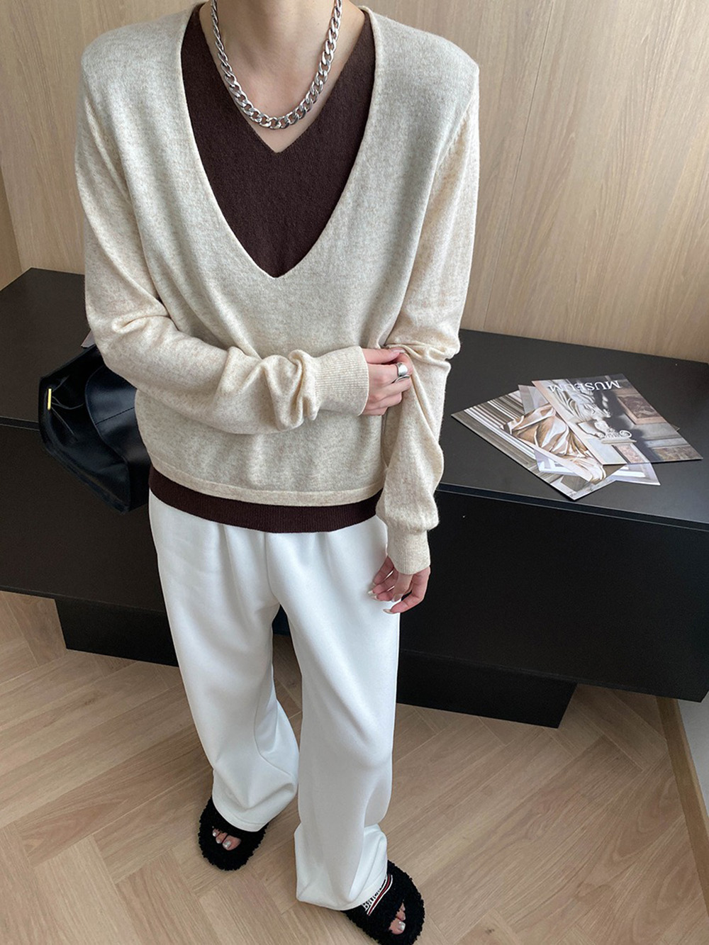 撞色假兩件針織上衣