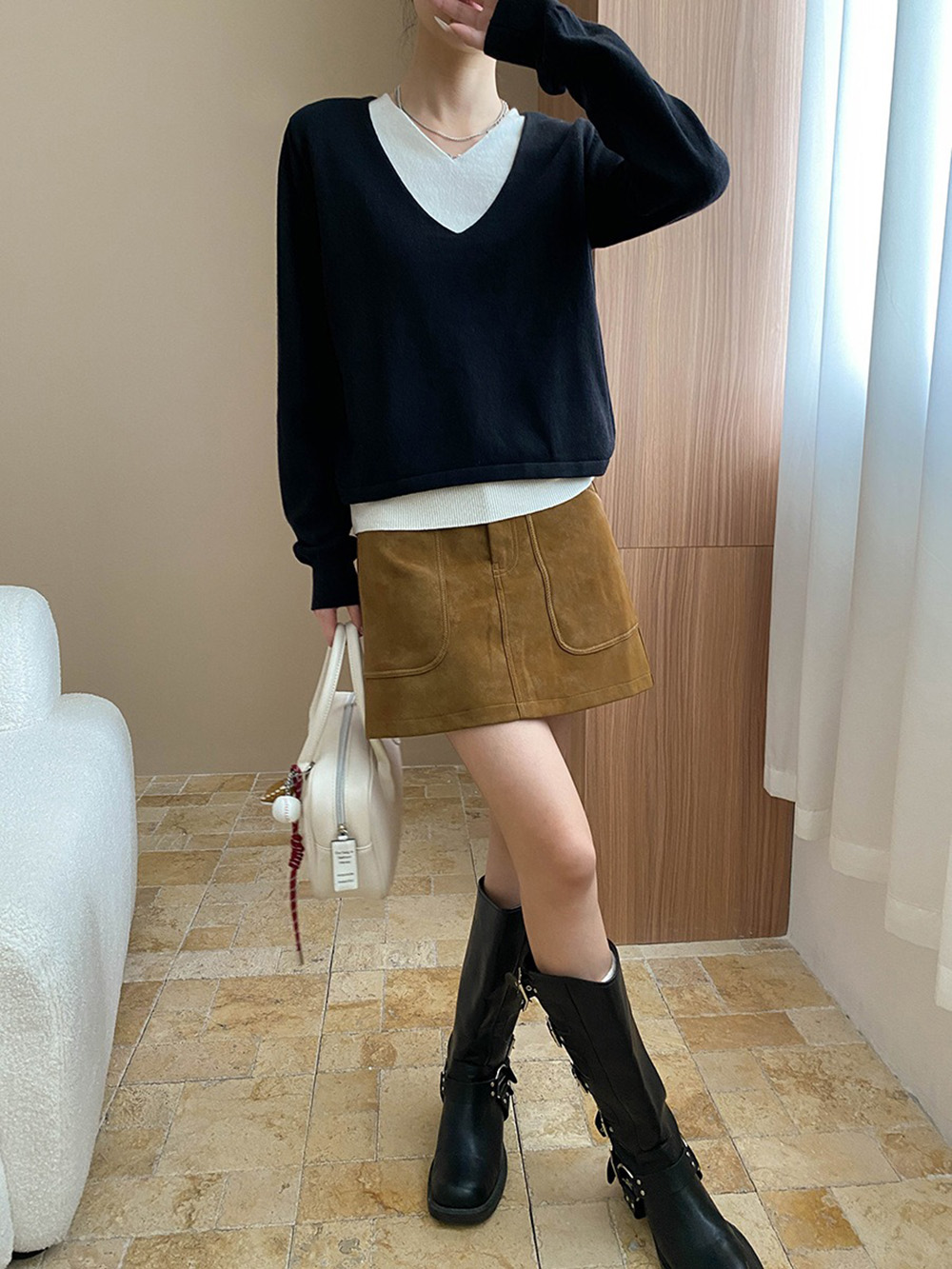 撞色假兩件針織上衣