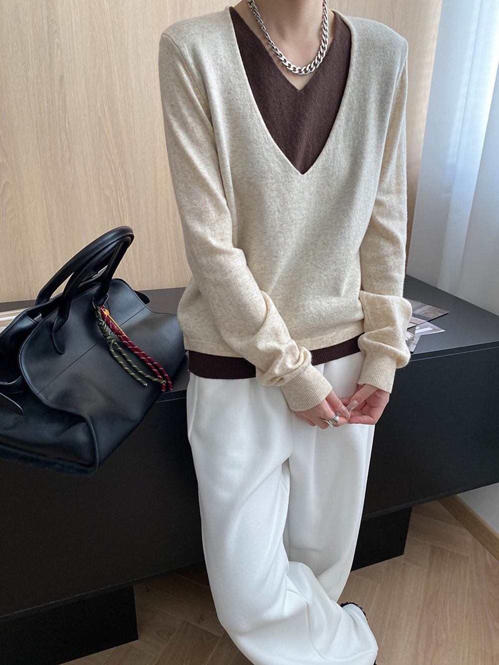 撞色假兩件針織上衣