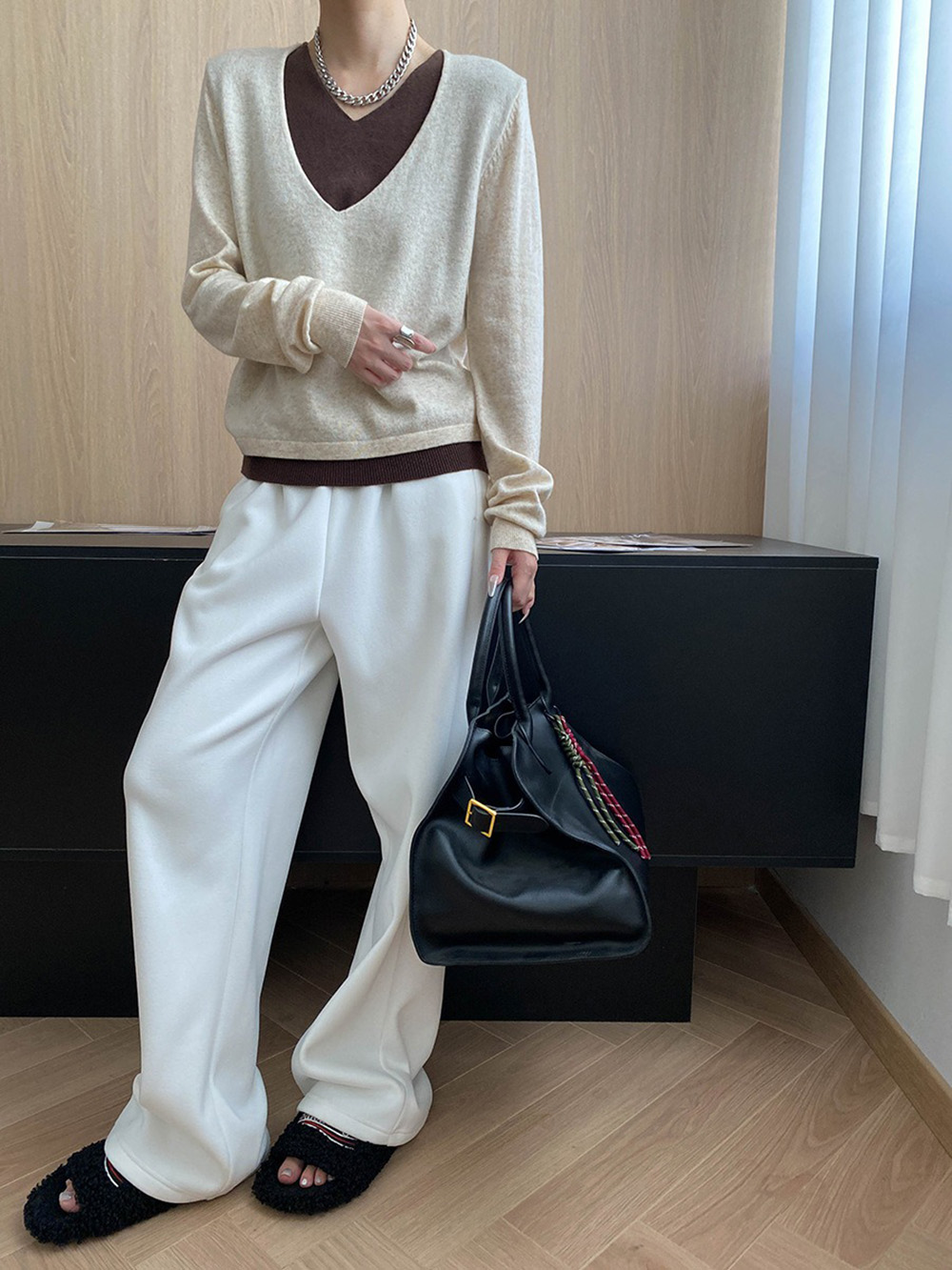 撞色假兩件針織上衣