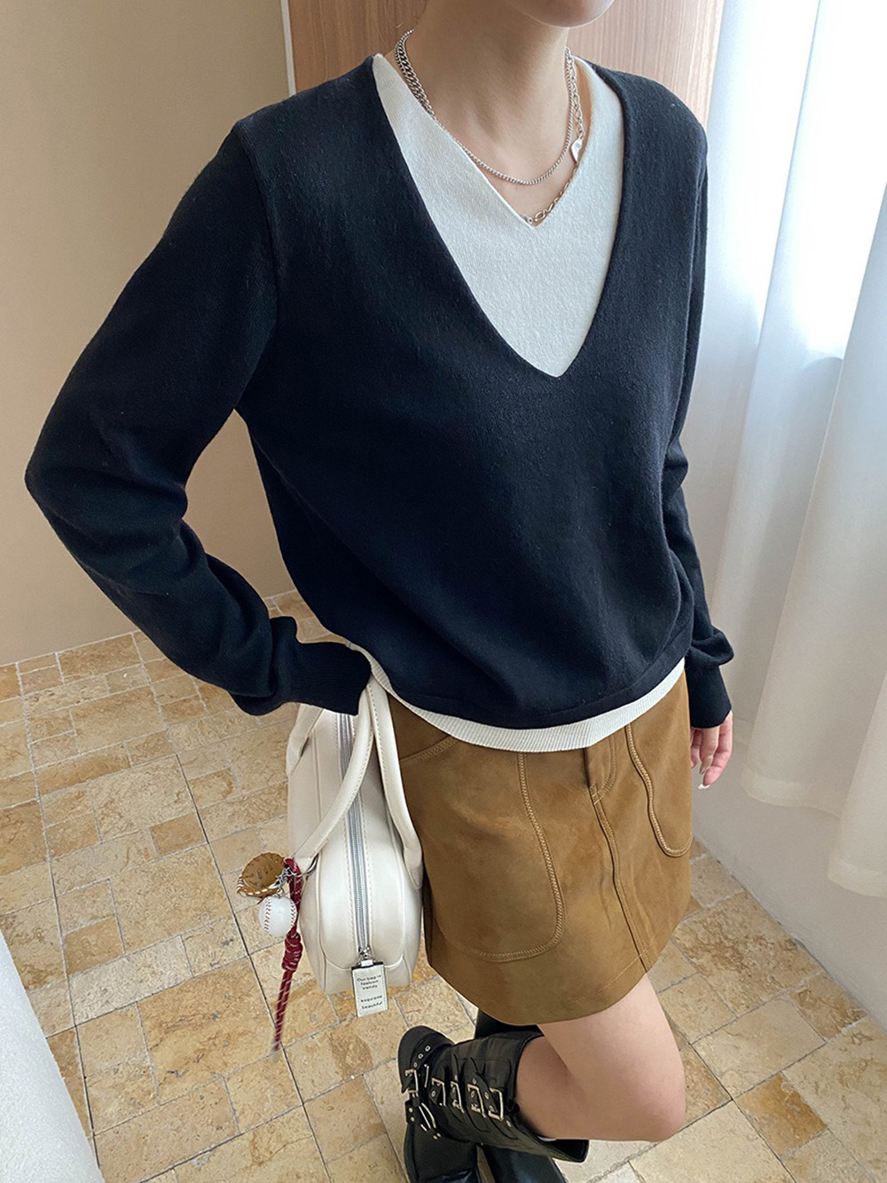 撞色假兩件針織上衣