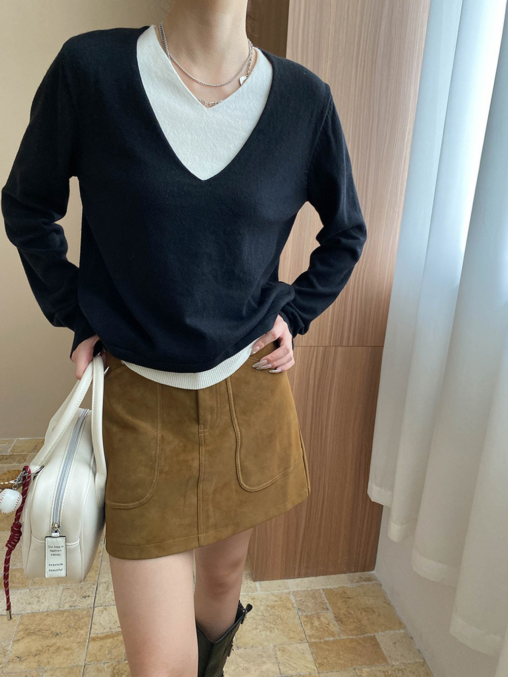 撞色假兩件針織上衣