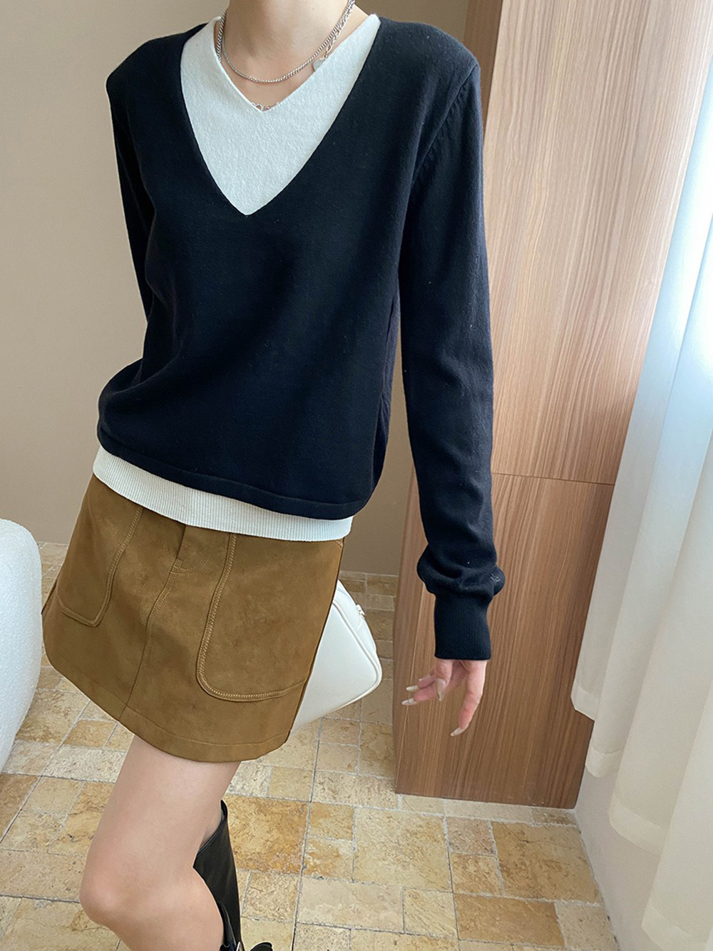 撞色假兩件針織上衣