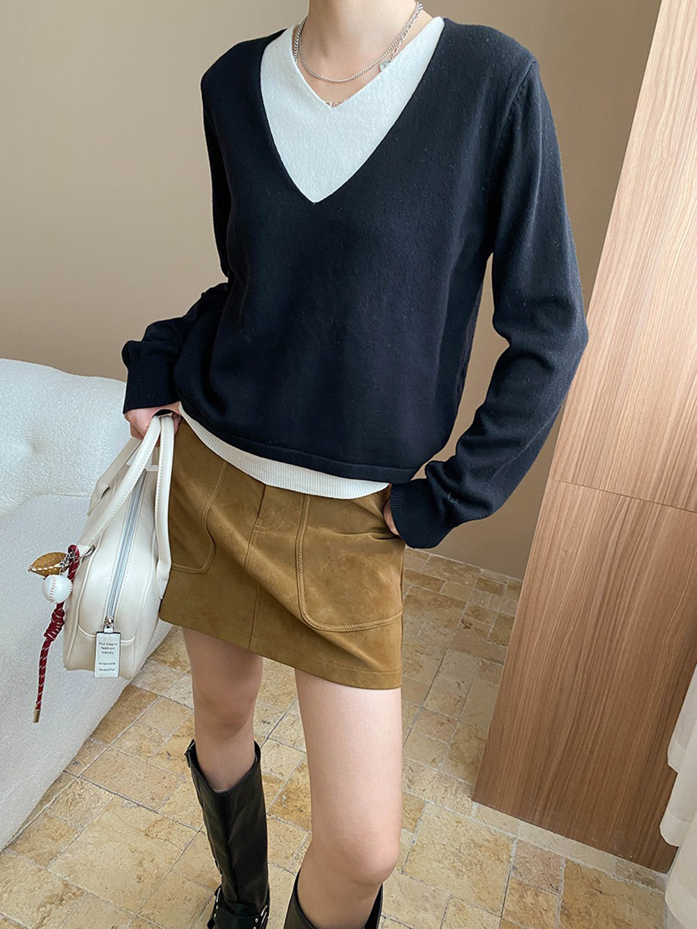 撞色假兩件針織上衣