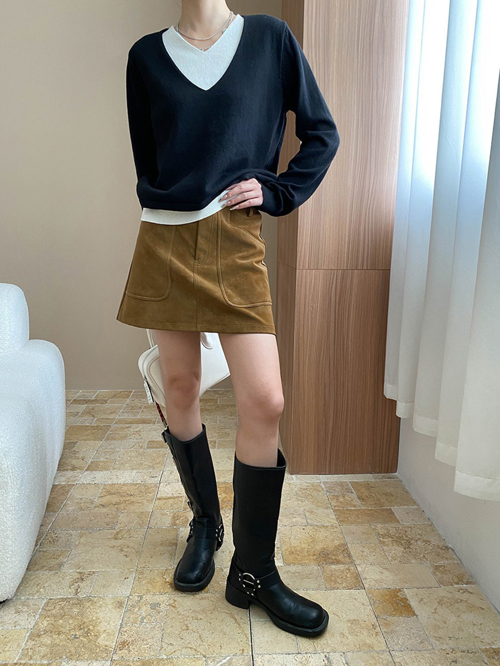 撞色假兩件針織上衣