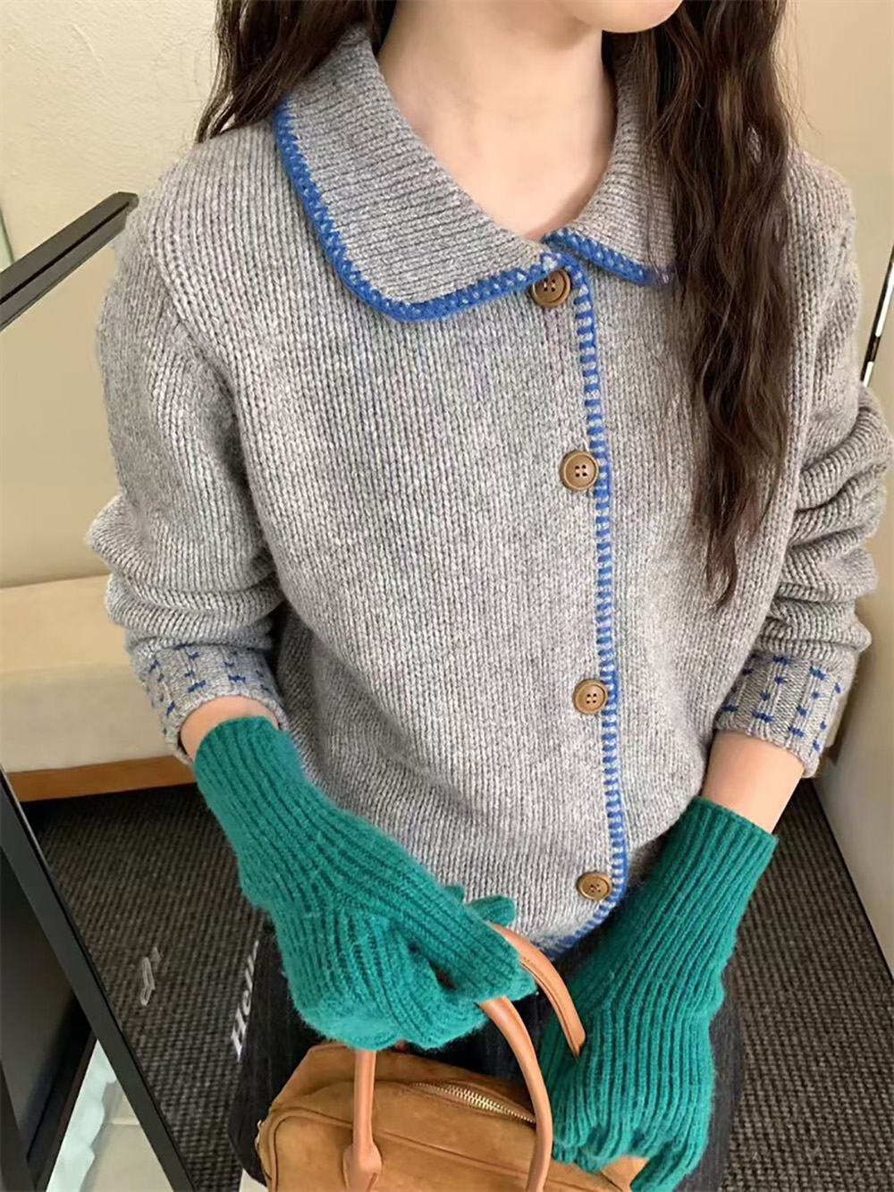 撞色娃娃領針織外套