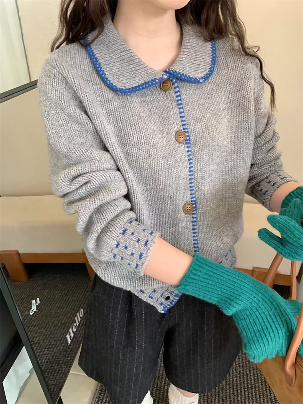 撞色娃娃領針織外套
