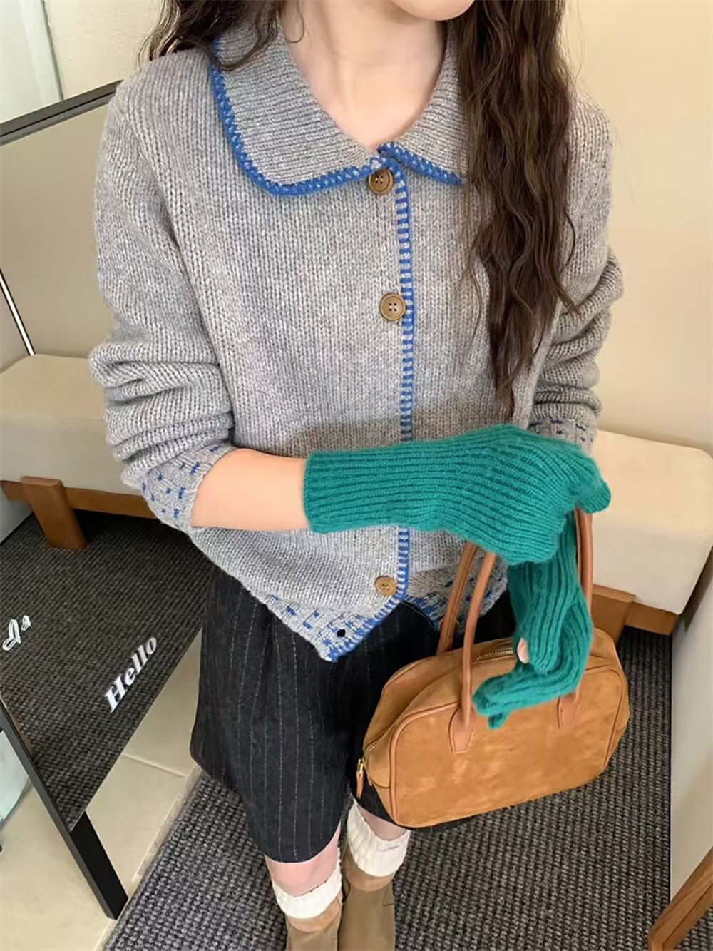 撞色娃娃領針織外套