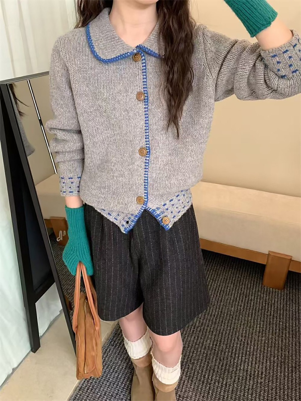 撞色娃娃領針織外套