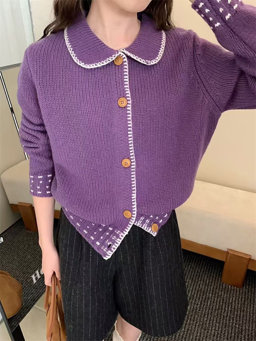 撞色娃娃領針織外套