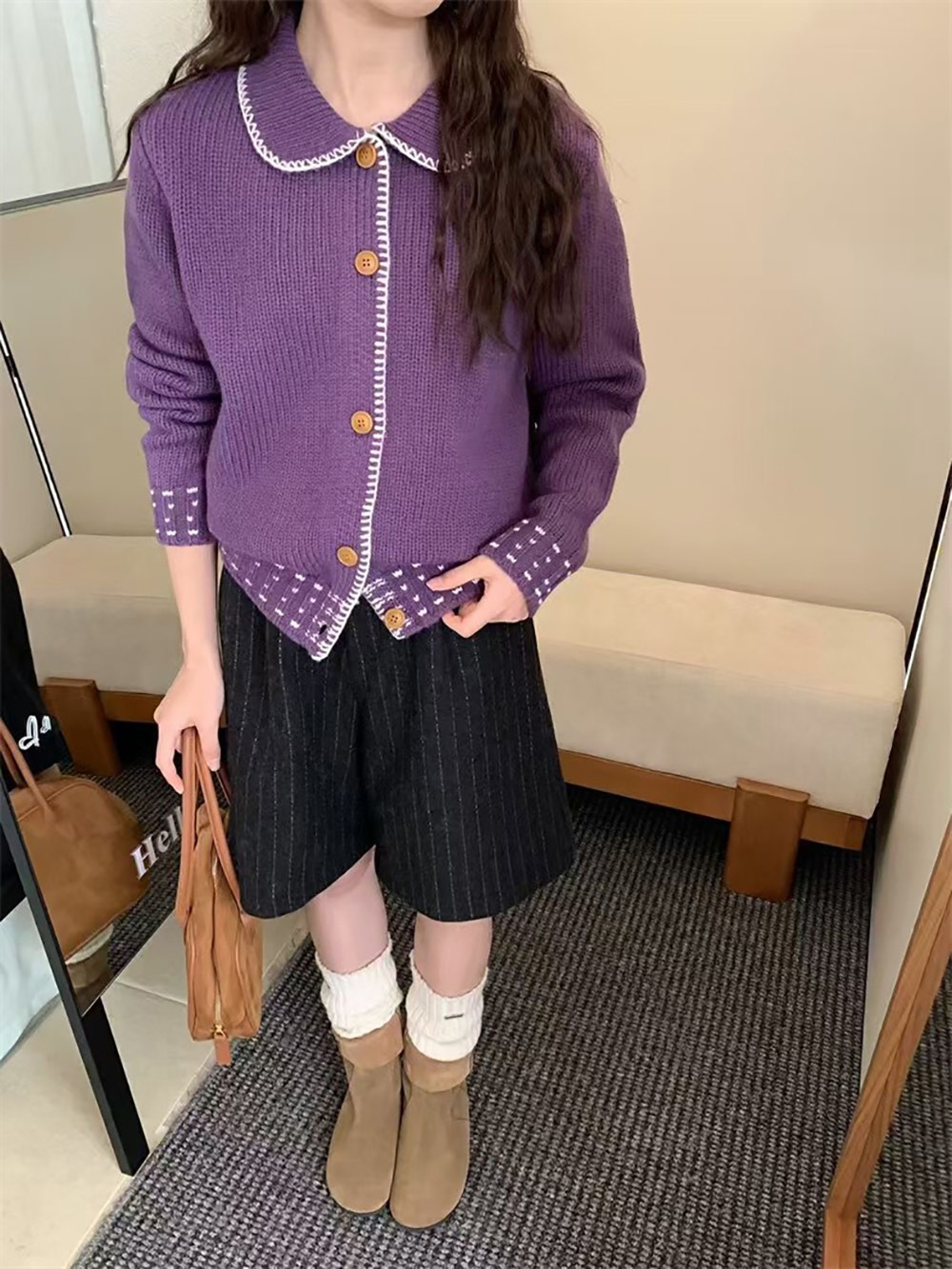 撞色娃娃領針織外套