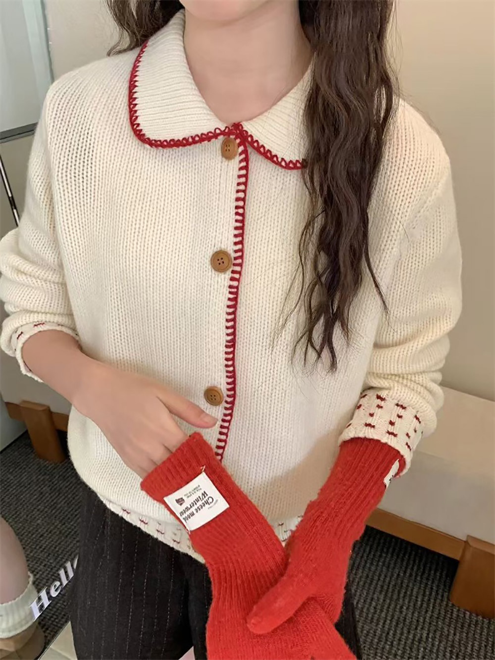 撞色娃娃領針織外套