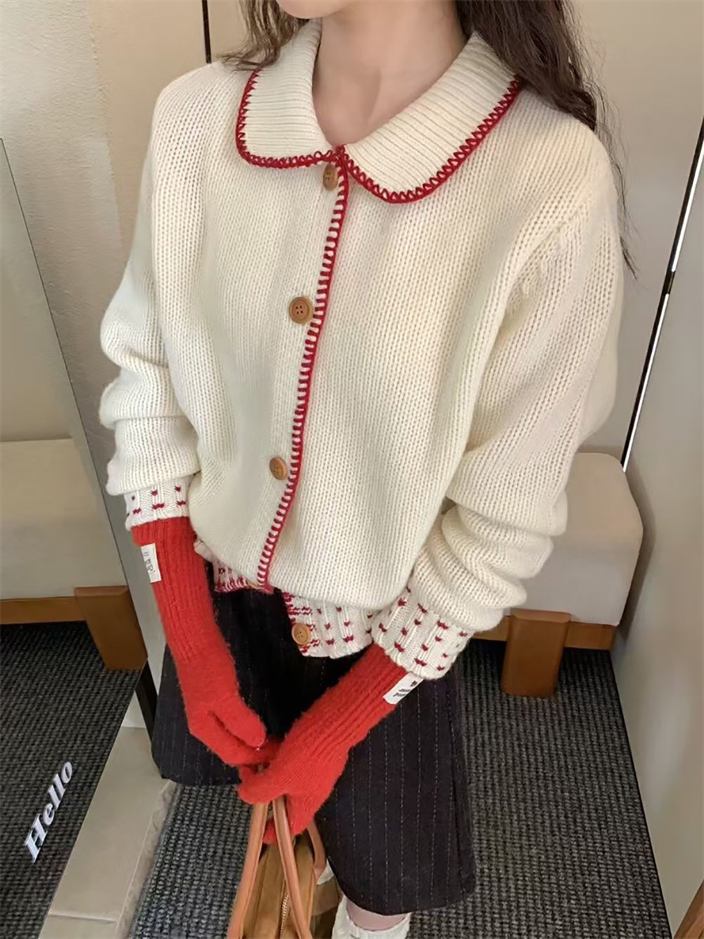 撞色娃娃領針織外套