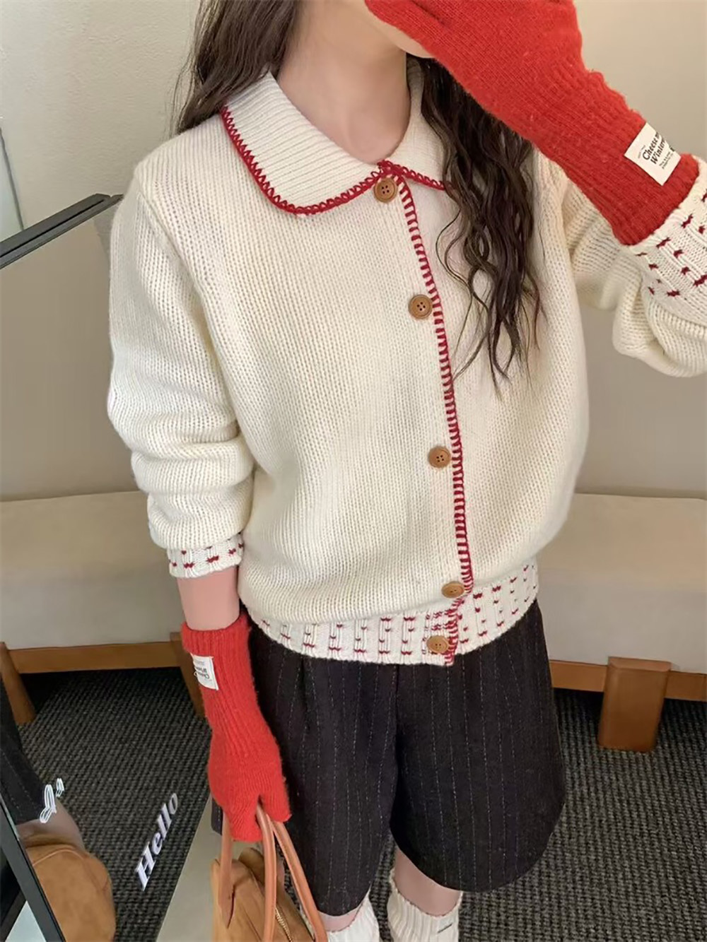 撞色娃娃領針織外套