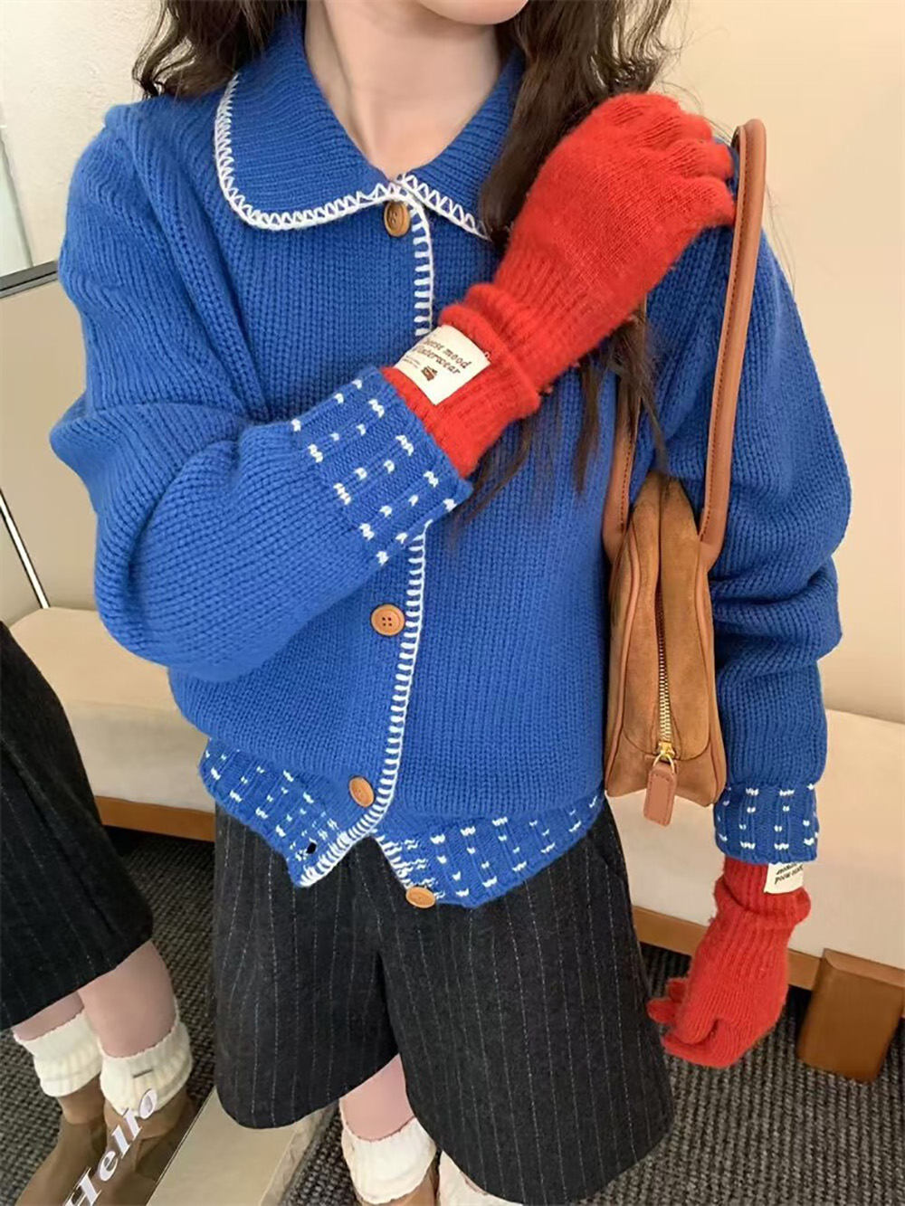 撞色娃娃領針織外套