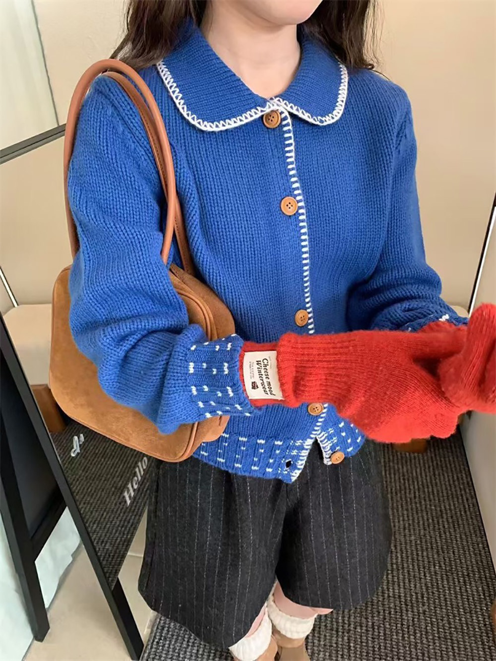 撞色娃娃領針織外套