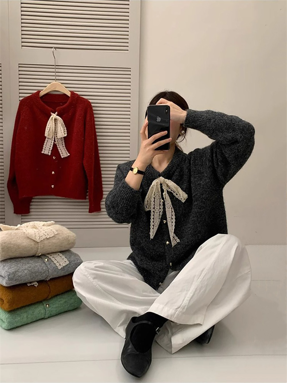 精緻蕾絲綁帶針織外套