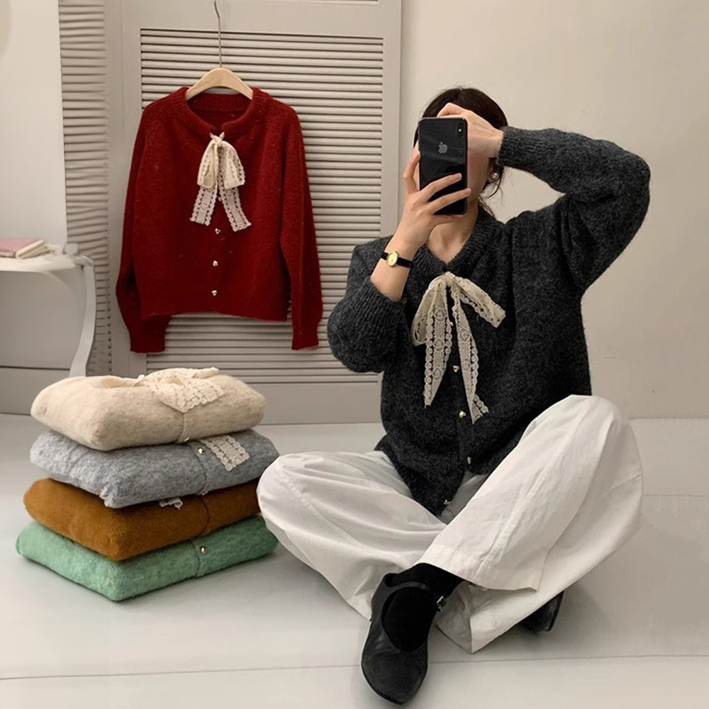 精緻蕾絲綁帶針織外套