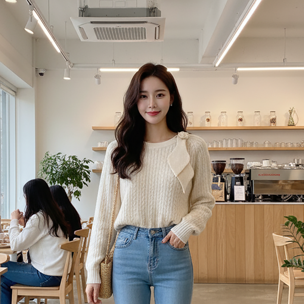 立體花飾領結麻花上衣