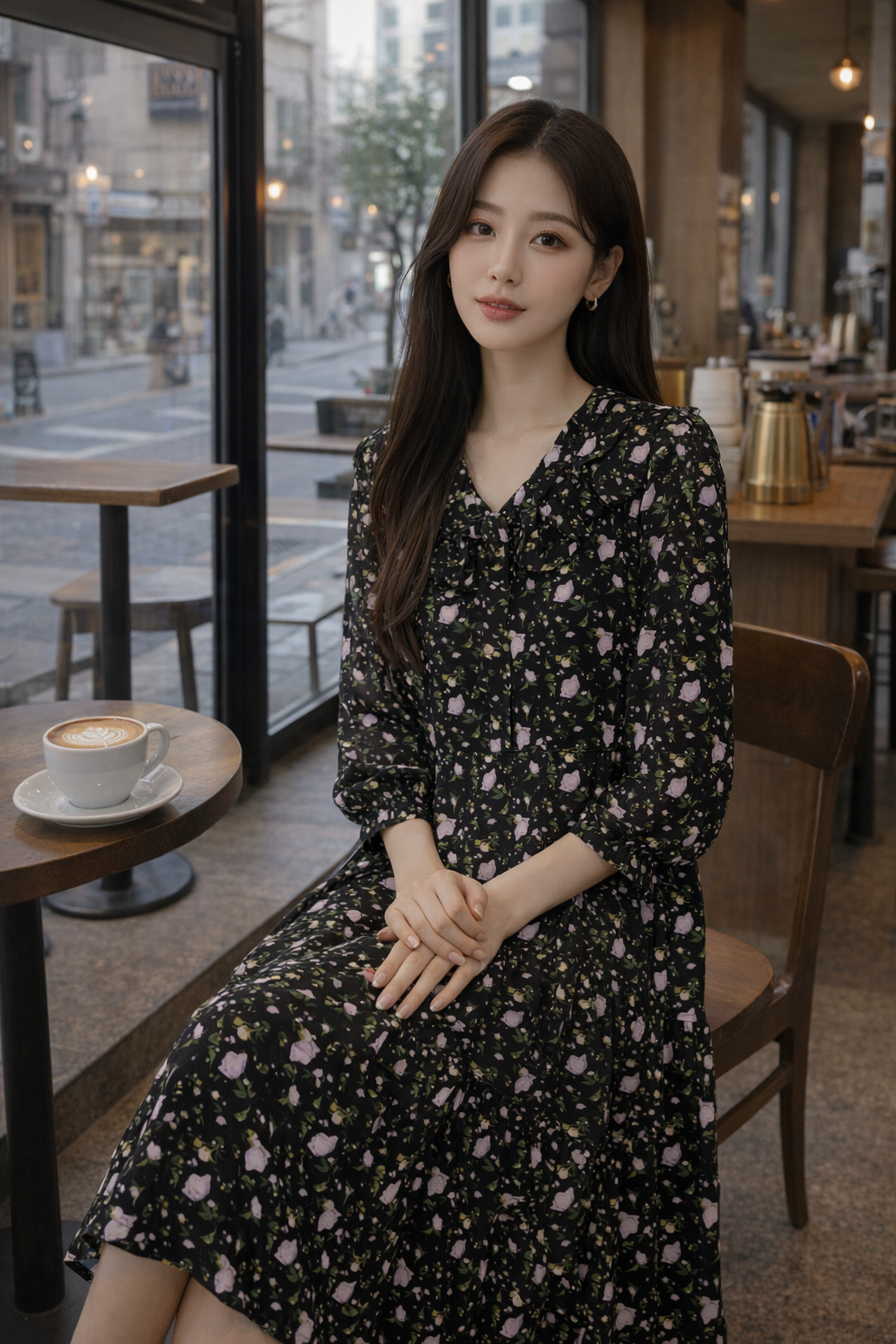 荷葉領透膚袖印花洋裝