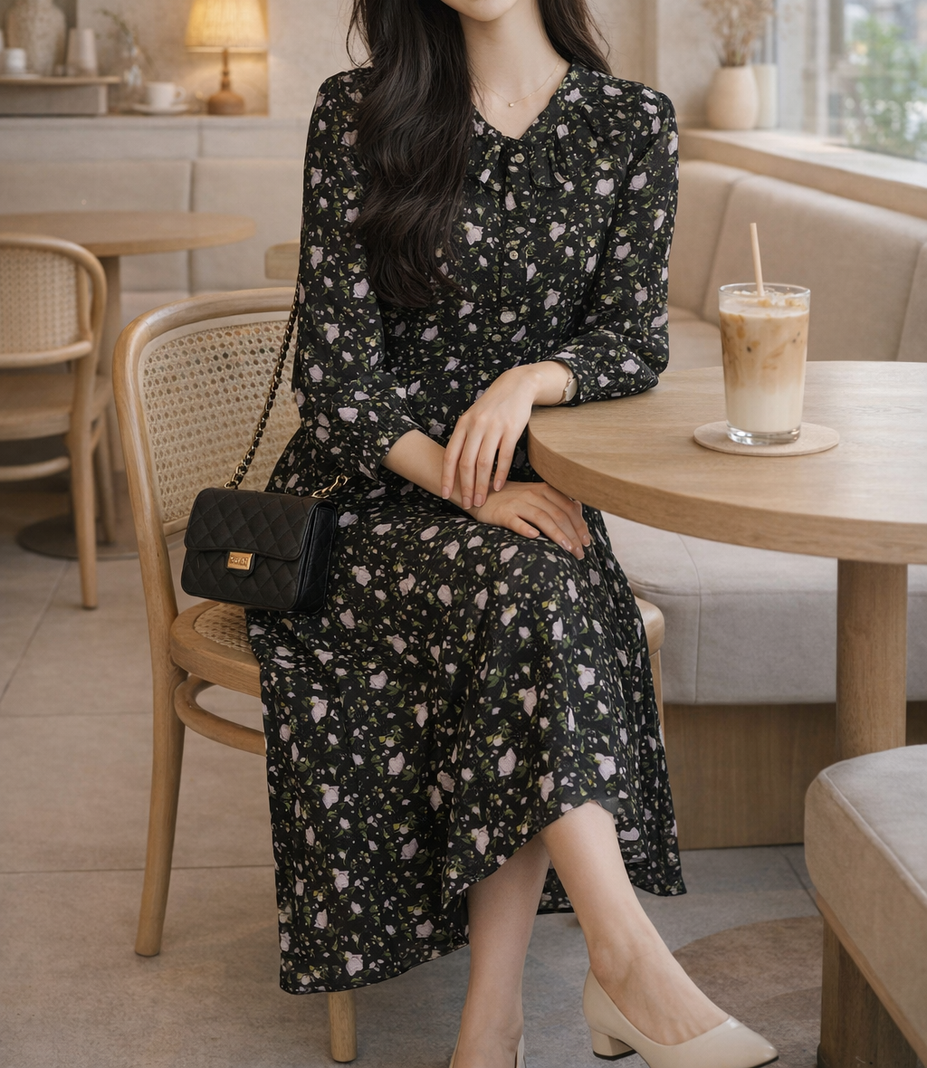 荷葉領透膚袖印花洋裝