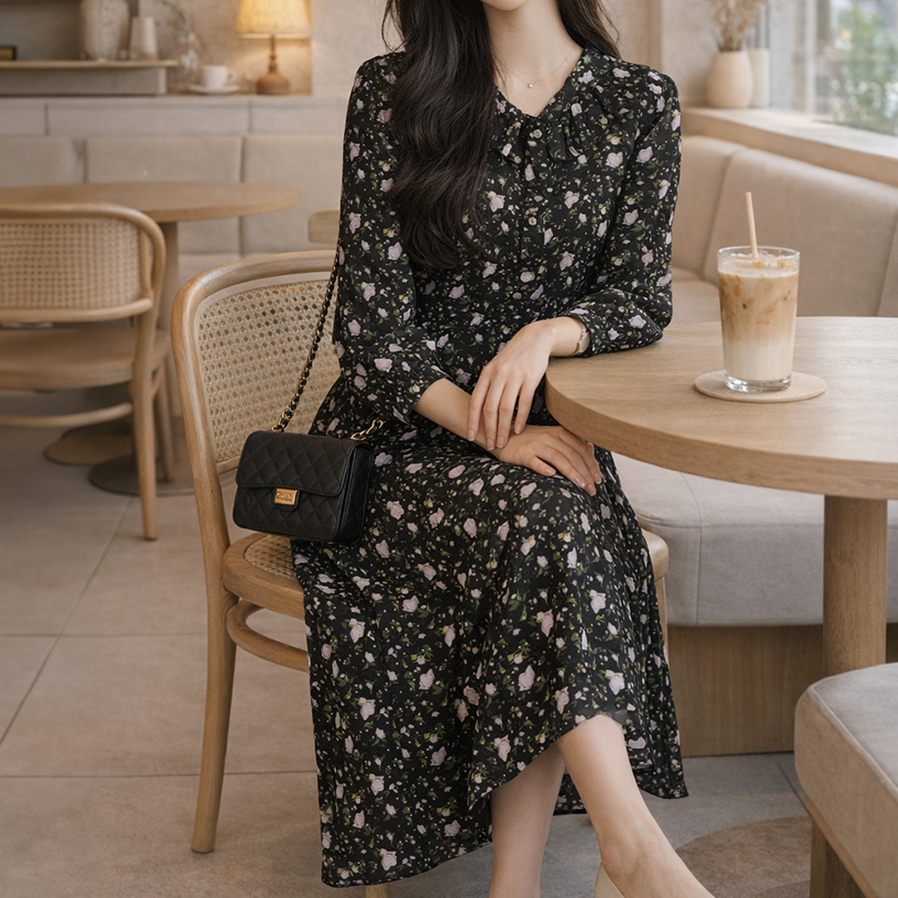 荷葉領透膚袖印花洋裝