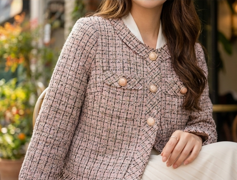 粉系粗花呢小香風外套