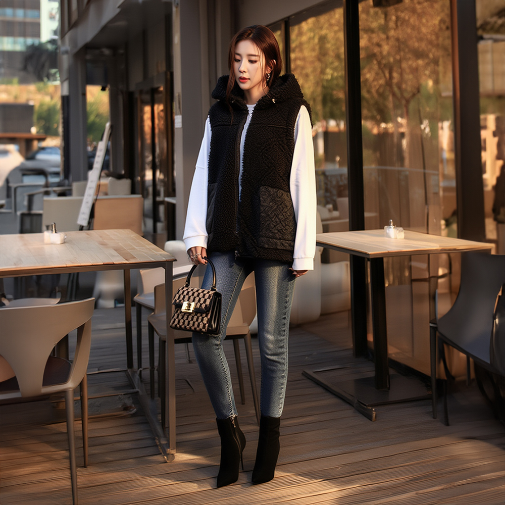 仿羊羔毛連帽背心外套