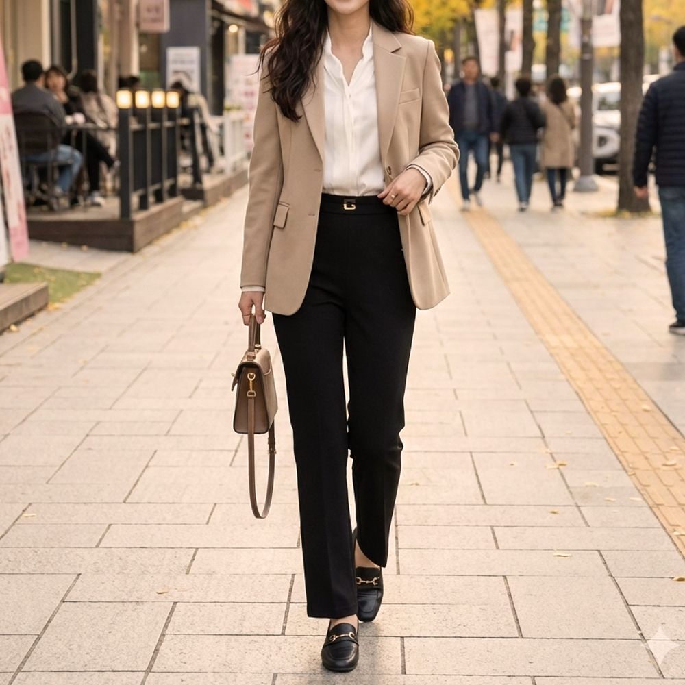 精緻飾扣微彈直筒褲