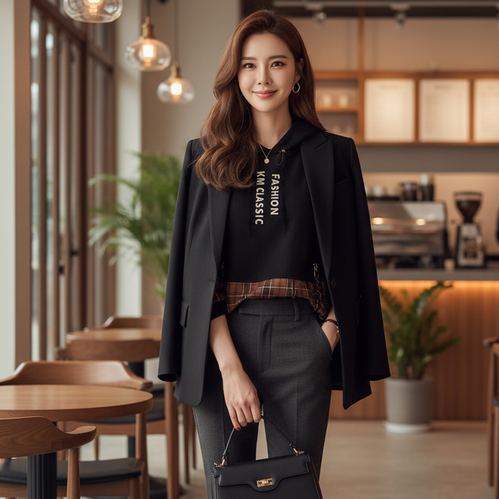 復古格紋拼接連帽上衣