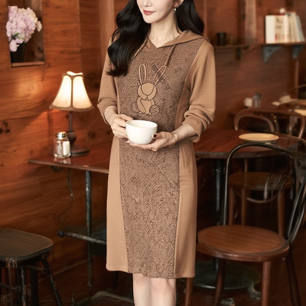 精緻兔子刺繡連帽洋裝